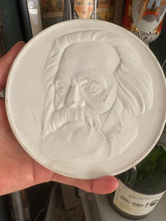 Vintage Dresden porcelain medallion of Karl Marx, white relief, 1970s