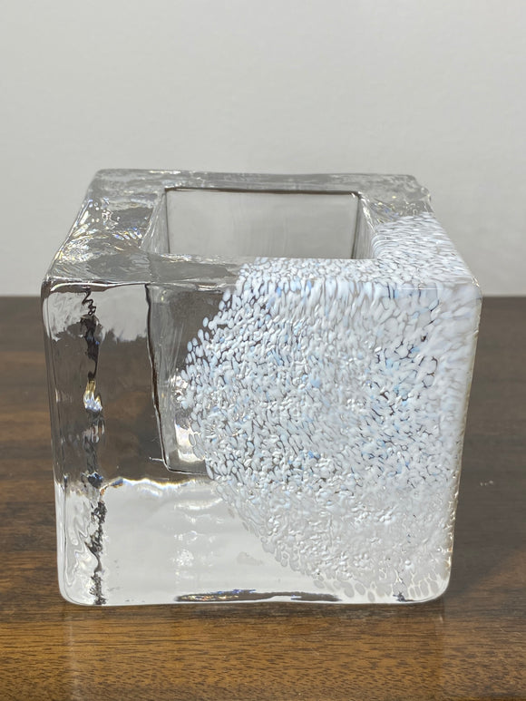 Kosta Boda Heavy Glass Brick Candle Holder – Ice-Like Clear Glass with White Speckled Detail