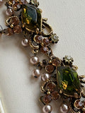 Florenza Signed Vintage Necklace, 1950s Gold Tone, Peridot Green Rhinestones & Faux Seed Pearls — As Found