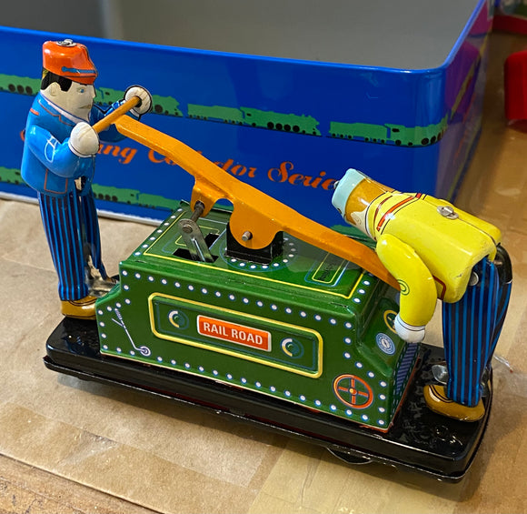 Boxed Schylling tin toy litho wind up railroad handcar