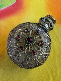 Vintage 1970s Czech Glass Perfume Bottle — Amethyst Filigree, Crown Stopper, Rhinestones, Dauber