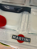 Close-up of the Martini logo printed on a vintage frosted glass apero tray