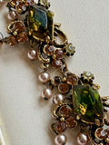 Florenza Signed Vintage Necklace, 1950s Gold Tone, Peridot Green Rhinestones & Faux Seed Pearls — As Found