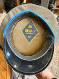 Interior of a Soviet officer's cap with diamond OKBO-1 Minsk factory label, size 56, and black sweatband