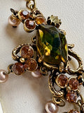 Florenza Signed Vintage Necklace, 1950s Gold Tone, Peridot Green Rhinestones & Faux Seed Pearls — As Found