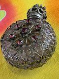 Vintage 1970s Czech Glass Perfume Bottle — Amethyst Filigree, Crown Stopper, Rhinestones, Dauber