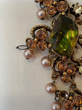 Florenza Signed Vintage Necklace, 1950s Gold Tone, Peridot Green Rhinestones & Faux Seed Pearls — As Found