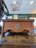 Vintage oak lectern with Round Table Reading No. 6 roundel, front view on antique shop counter