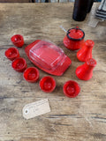 Vintage 1970s West German Pottery Breakfast Set – Butter Dish, Jam Pot, Salt & Pepper Shakers, 6 Egg Cups – Retro Red Glaze