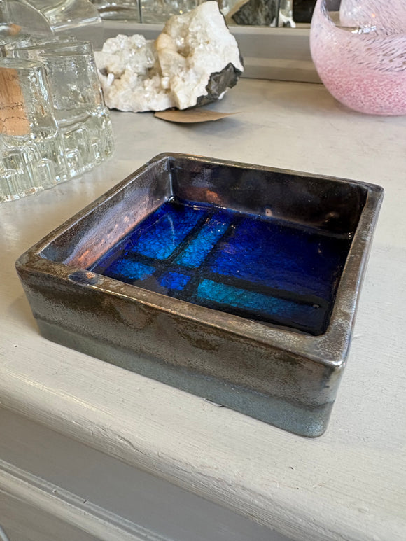 Square West German pottery trinket dish with vivid blue geometric glaze