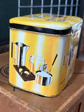Vintage Twinings Tea Tin – 1950s/60s Yellow Storage Tin with Chrome Tea Set Graphics