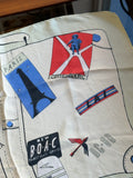 Close-up of vintage silk scarf with Paris and Gothenburg travel motifs