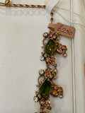 Florenza Signed Vintage Necklace, 1950s Gold Tone, Peridot Green Rhinestones & Faux Seed Pearls — As Found