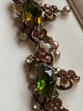 Florenza Signed Vintage Necklace, 1950s Gold Tone, Peridot Green Rhinestones & Faux Seed Pearls — As Found