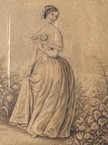 Close-up detail of Regency lady's gown and floral background
