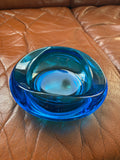 Mid-century Union Sklo blue glass bowl on leather sofa
