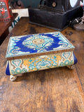 Decorative Soviet Krasny Oktyabr sweet tin with ornate blue and gold lid and claw feet