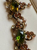 Florenza Signed Vintage Necklace, 1950s Gold Tone, Peridot Green Rhinestones & Faux Seed Pearls — As Found
