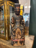 Antique Chinese carved wood ancestor figure of seated smiling official, front view