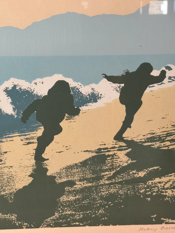 Detail of Mary Edith Barnes 1975 signed print showing seaside scene