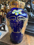Mid Century Czech Revival Style Cobalt & Gold Bohemian Art Glass Vase – Hand Painted Floral – 19cm