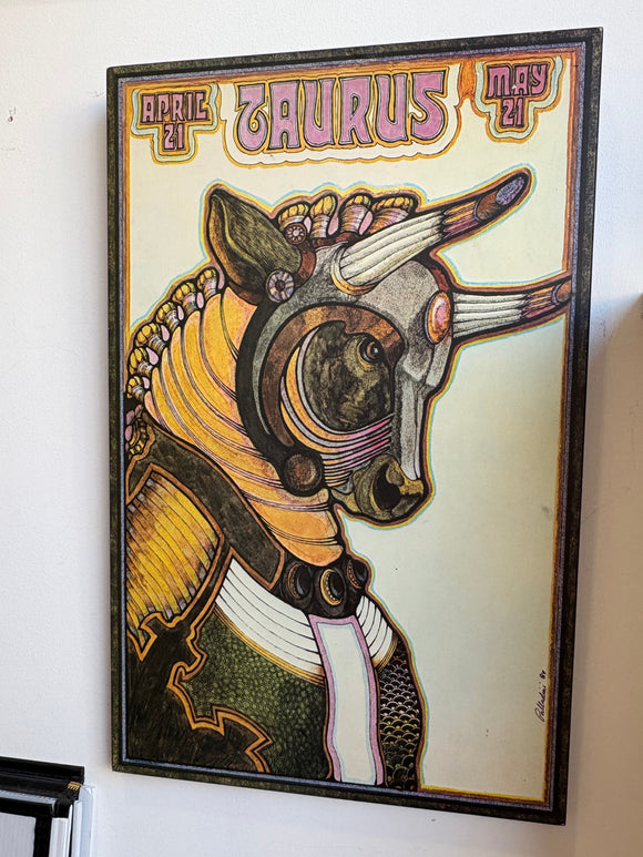 David Palladini Taurus zodiac print, 1969, mounted vintage astrological artwork.