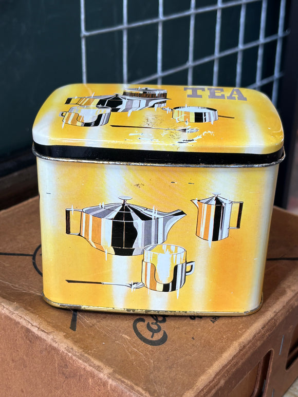 Vintage Twinings Tea Tin – 1950s/60s Yellow Storage Tin with Chrome Tea Set Graphics