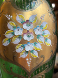 Mid Century Czech Revival Style Emerald & Gold Glass Vase – Hand Painted Floral – 23cm