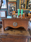 Vintage oak book stand carved with Round Table Reading No. 6 emblem, alternate front view