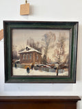Framed oil painting of Russian street scene with church domes in the distance