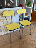 Pair of Vintage Mid-Century Formica Dining Chairs | Yellow Woven Laminate, Chrome Hairpin Legs, 1960s Retro Kitchen Chairs