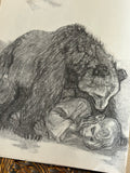 Dramatic pencil illustration of large bear looming over fallen figure from 1958 Soviet Tolstoy fable Two Companions