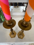 Vintage Brass Candlestick – Hexagonal Base & Round Bobeche – 21cm High