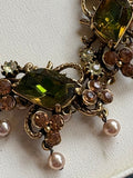 Florenza Signed Vintage Necklace, 1950s Gold Tone, Peridot Green Rhinestones & Faux Seed Pearls — As Found
