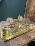 Art Nouveau brass and glass double inkwell