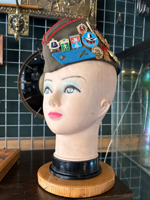 Vintage 1970s Soviet “Pilotka” Souvenir Cap with Badges & Pins