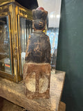 Back of antique Chinese wood figure showing consecration panel and seat hollow