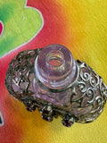 Vintage 1970s Czech Glass Perfume Bottle — Amethyst Filigree, Crown Stopper, Rhinestones, Dauber