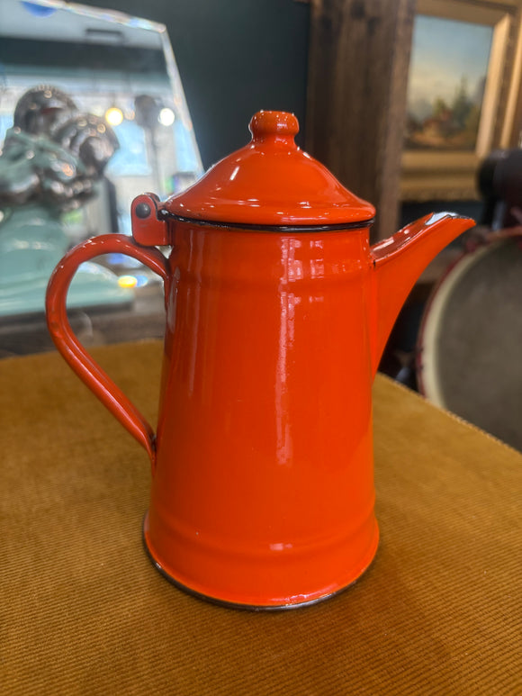 Vintage orange enamel coffee pot with hinged lid and spout
