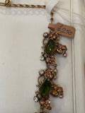 Florenza Signed Vintage Necklace, 1950s Gold Tone, Peridot Green Rhinestones & Faux Seed Pearls — As Found