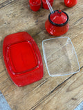 Vintage 1970s West German Pottery Breakfast Set – Butter Dish, Jam Pot, Salt & Pepper Shakers, 6 Egg Cups – Retro Red Glaze