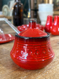 Vintage 1970s West German Pottery Breakfast Set – Butter Dish, Jam Pot, Salt & Pepper Shakers, 6 Egg Cups – Retro Red Glaze