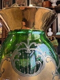 Mid Century Czech Revival Style Emerald & Gold Glass Vase – Hand Painted Floral – 23cm
