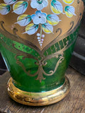Mid Century Czech Revival Style Emerald & Gold Glass Vase – Hand Painted Floral – 23cm