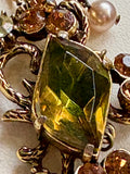 Florenza Signed Vintage Necklace, 1950s Gold Tone, Peridot Green Rhinestones & Faux Seed Pearls — As Found