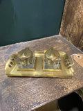 Art Nouveau brass and glass double inkwell