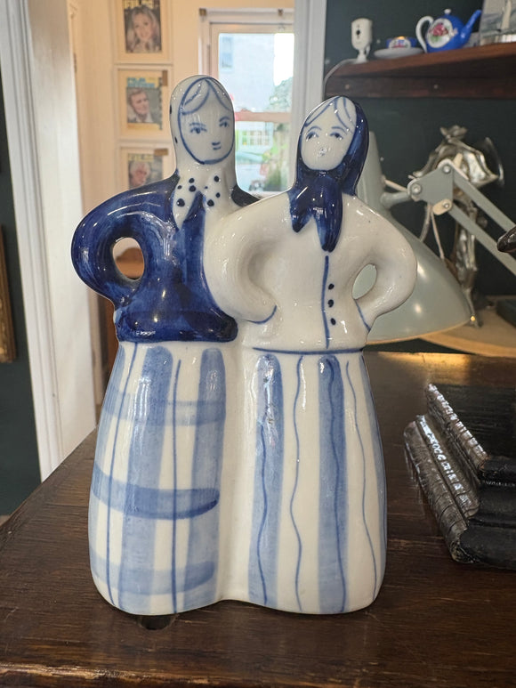 Vintage Gzhel porcelain figurine of two country women, USSR