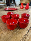 Vintage 1970s West German Pottery Breakfast Set – Butter Dish, Jam Pot, Salt & Pepper Shakers, 6 Egg Cups – Retro Red Glaze