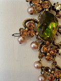 Florenza Signed Vintage Necklace, 1950s Gold Tone, Peridot Green Rhinestones & Faux Seed Pearls — As Found