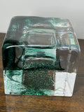 Kosta Boda Heavy Glass Brick Candle Holder – Marine Green & Clear Swirl Design